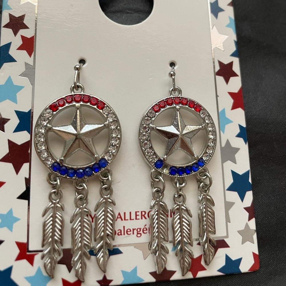 Star Dangle Earrings with Red and Blue Accents